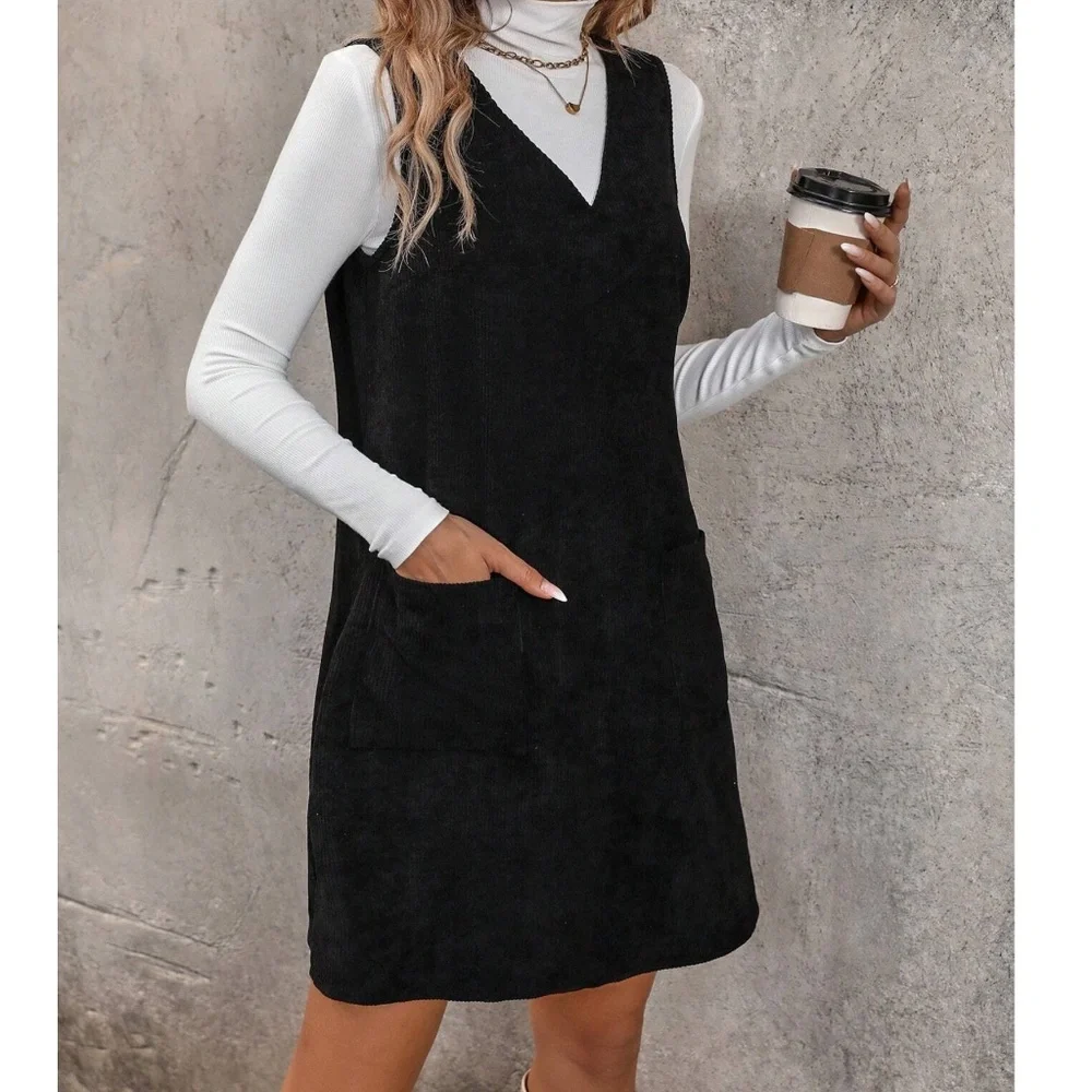 Solid Corduroy Pockets V neck Mini Dress - Picture 6 of 8